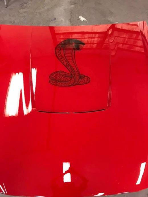 The finished Cobra hood in deep red